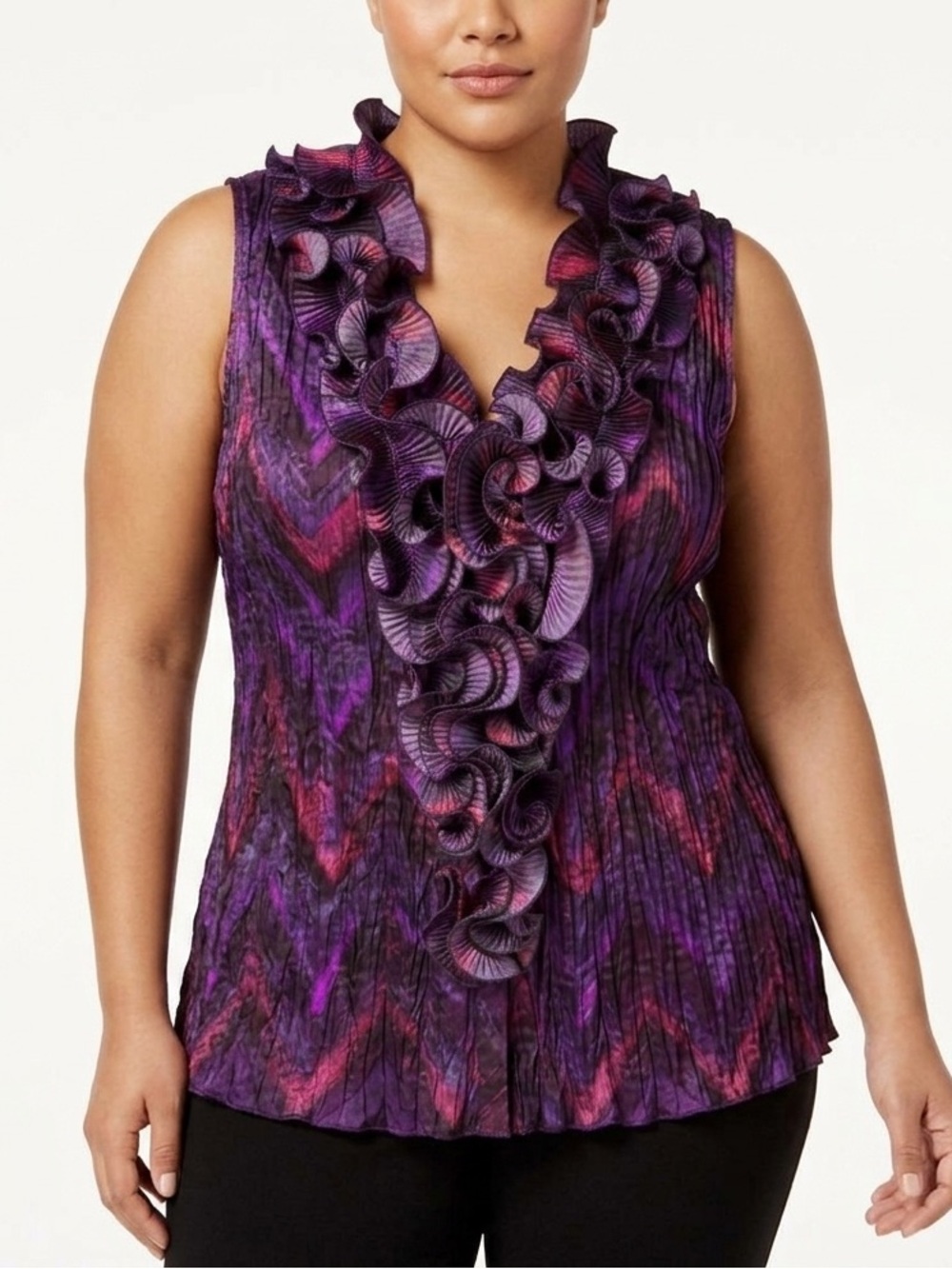 Cato Woman Plus Size 18W/20W Purple Chevron Pleated Ruffle Blouse Tank Top